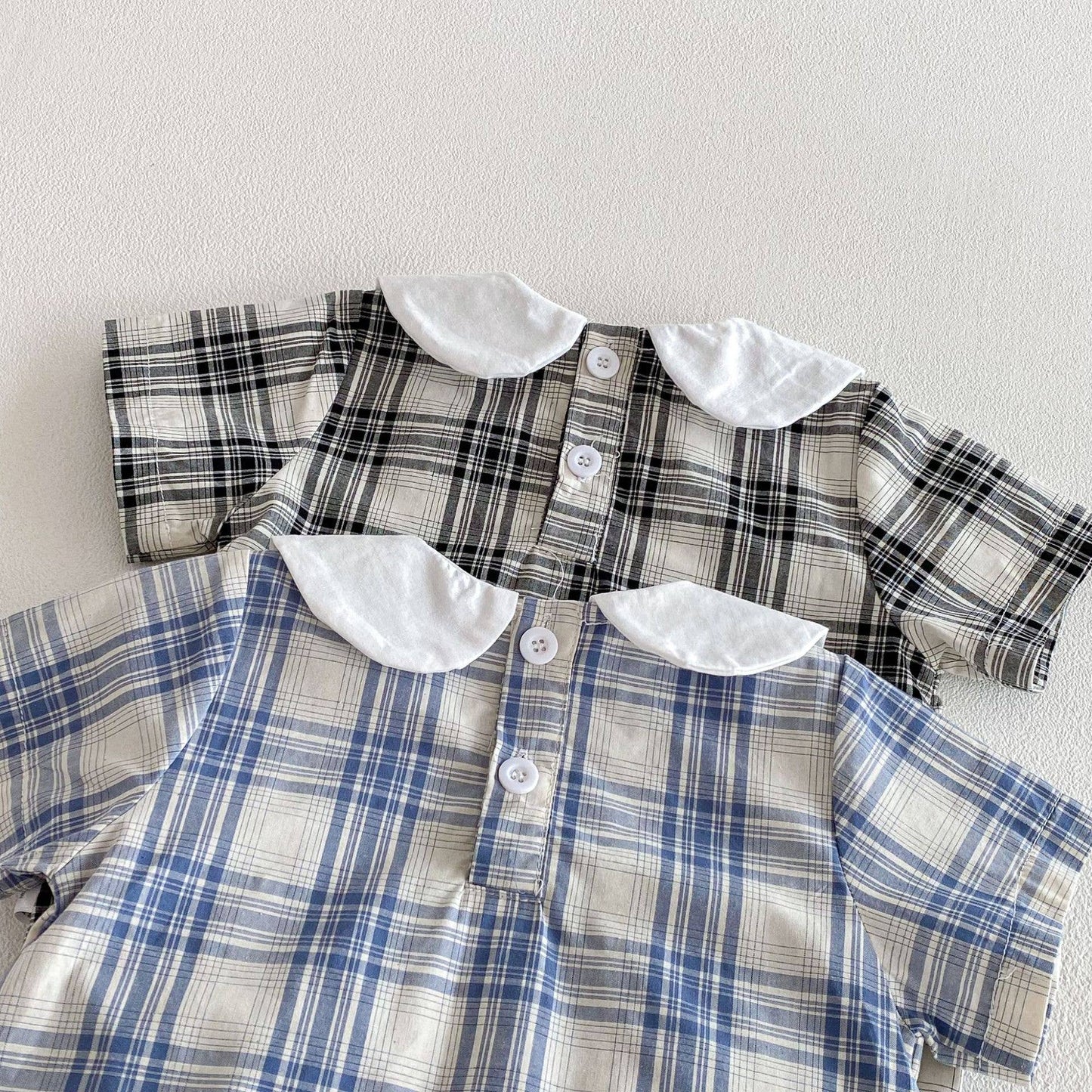 Baby Boy Plaid Short Sleeve Romper Set w Wide Collar Hat