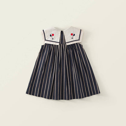 Girls Embroidered Peter Pan Collar Sleeveless Striped Dress