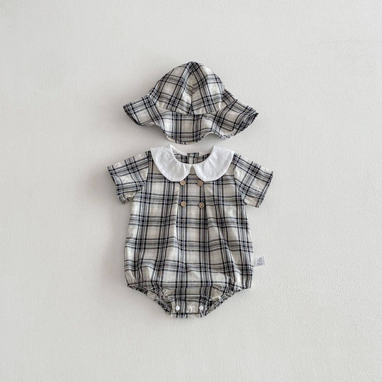 Baby Boy Plaid Short Sleeve Romper Set w Wide Collar Hat