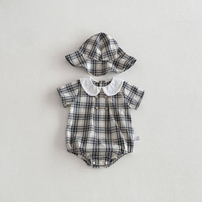 Baby Boy Plaid Short Sleeve Romper Set w Wide Collar Hat