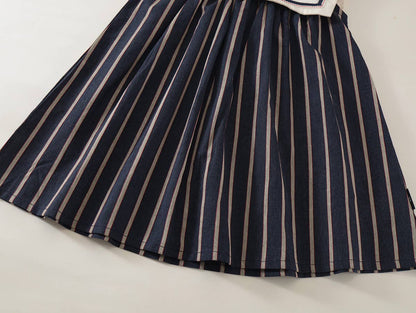 Girls Embroidered Peter Pan Collar Sleeveless Striped Dress