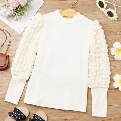 Kid Girl Textured Long Puff-sleeve Mock Neck Solid Color Tee