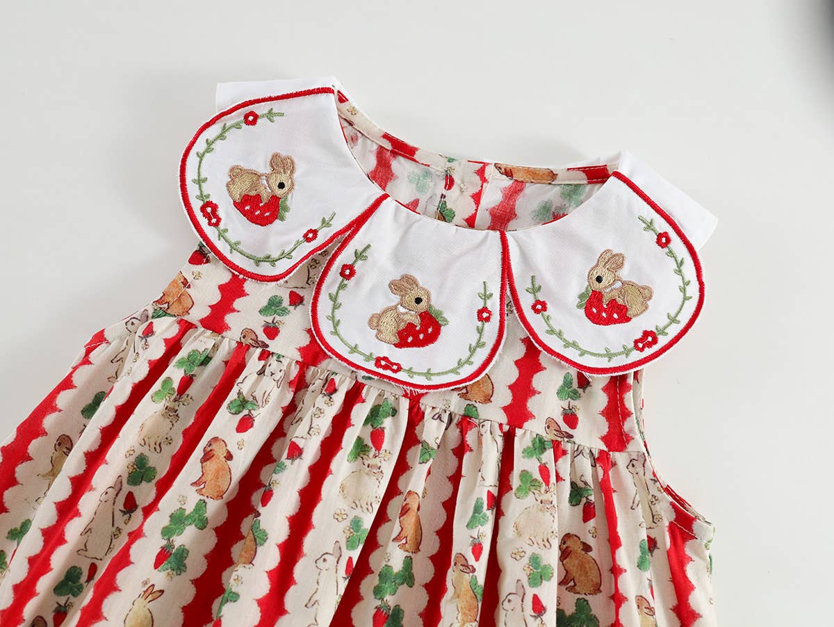 Cute Girls Summer Rabbit Strawberry Striped Big Collar Dress
