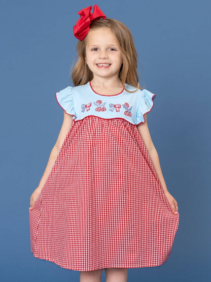 Balloon Pup Gingham Embroidered Cotton Dress