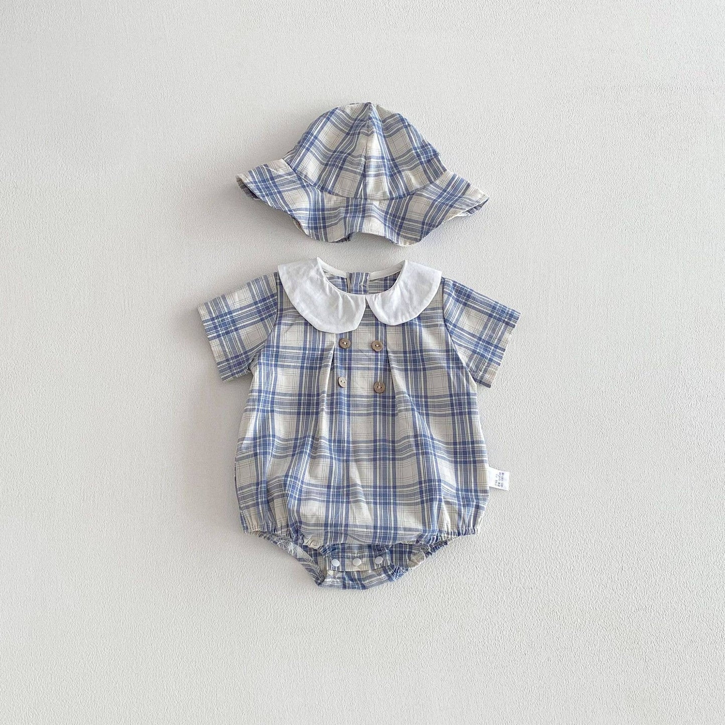 Baby Boy Plaid Short Sleeve Romper Set w Wide Collar Hat