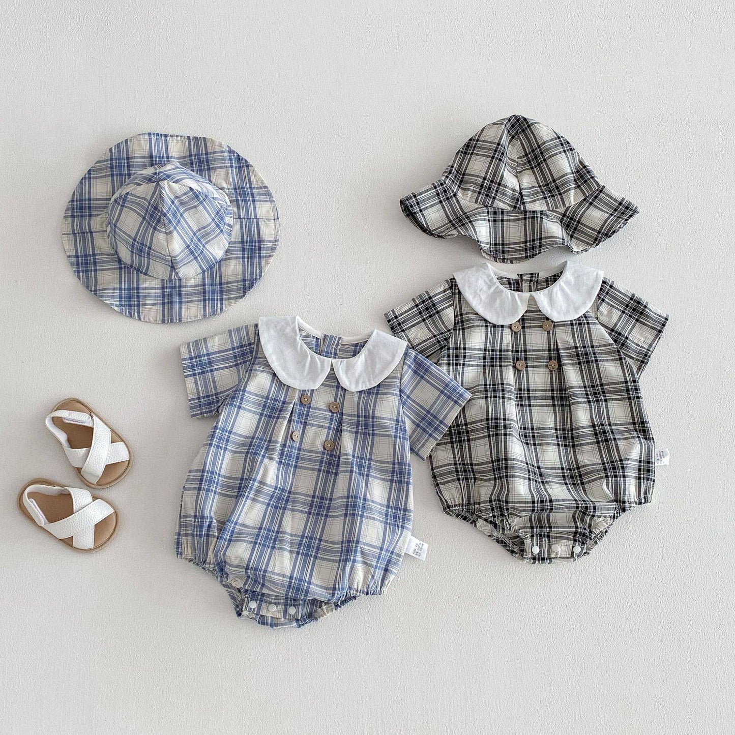 Baby Boy Plaid Short Sleeve Romper Set w Wide Collar Hat