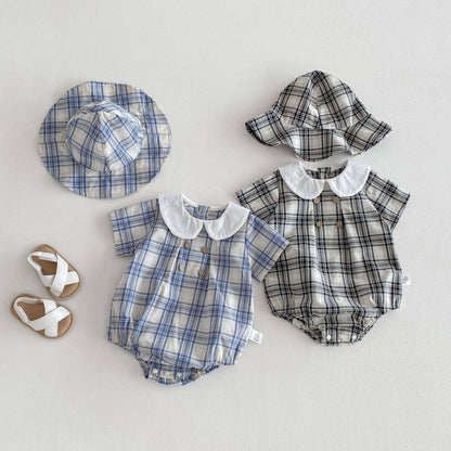Baby Boy Plaid Short Sleeve Romper Set w Wide Collar Hat