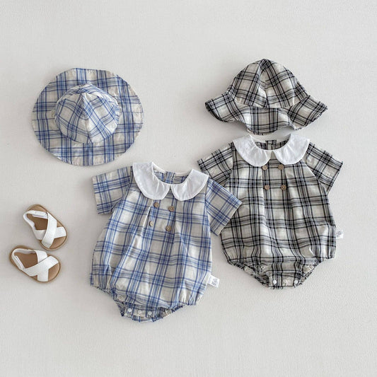 Baby Boy Plaid Short Sleeve Romper Set w Wide Collar Hat