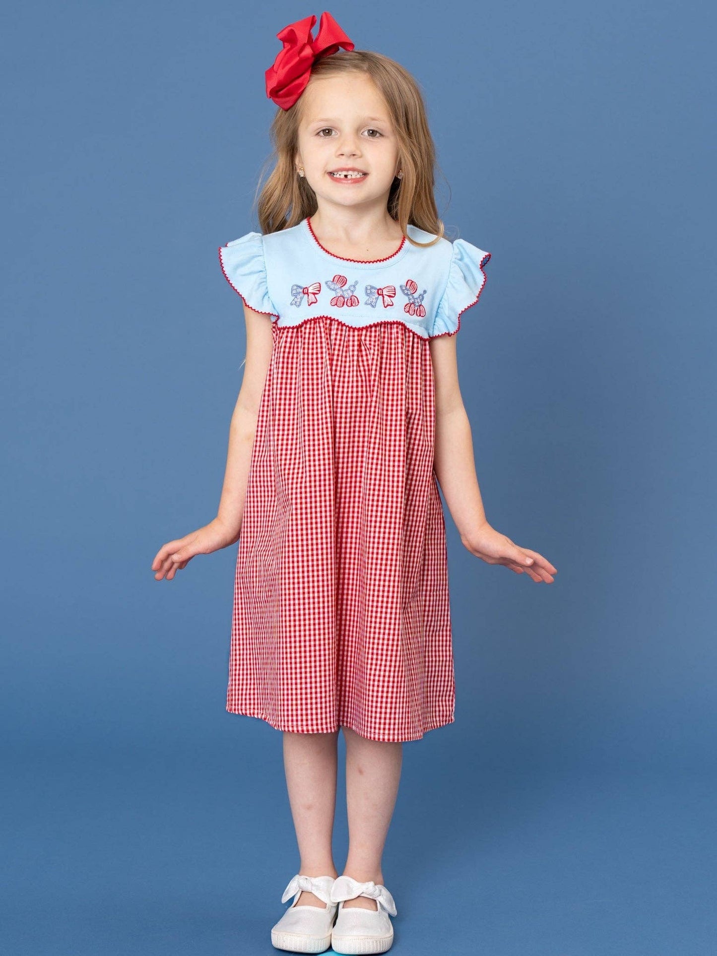 Balloon Pup Gingham Embroidered Cotton Dress
