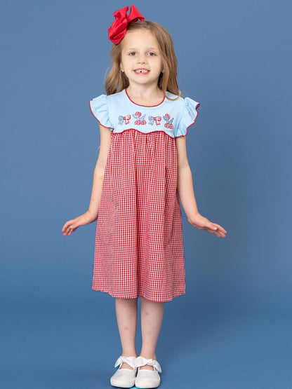 Balloon Pup Gingham Embroidered Cotton Dress