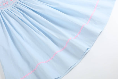 Blue and Pink Bow Smocked Bishop Dress