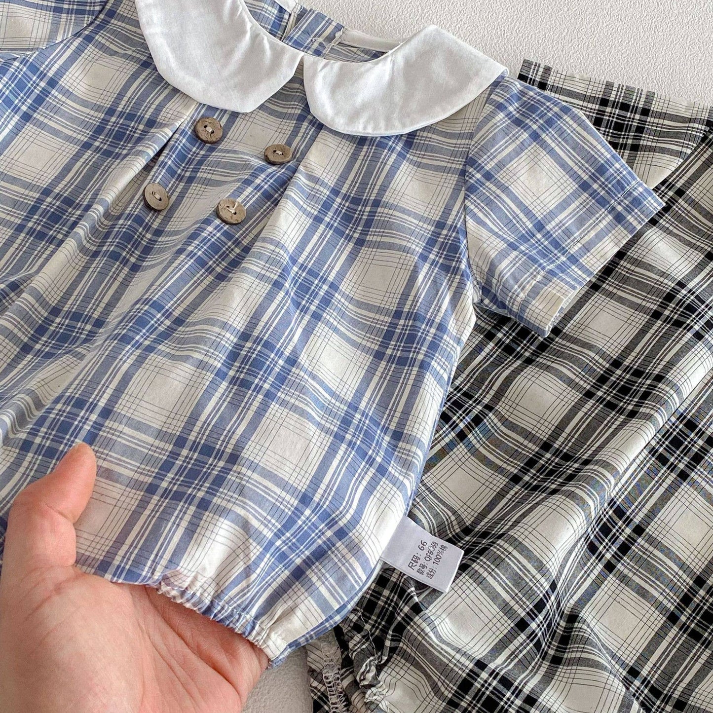 Baby Boy Plaid Short Sleeve Romper Set w Wide Collar Hat