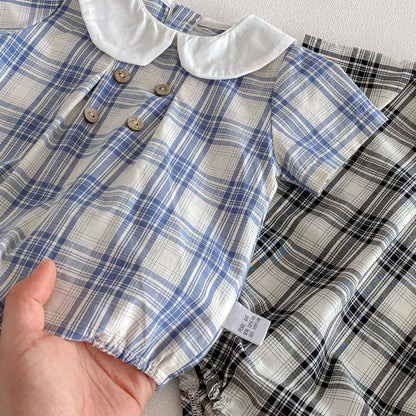 Baby Boy Plaid Short Sleeve Romper Set w Wide Collar Hat