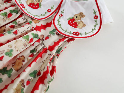 Cute Girls Summer Rabbit Strawberry Striped Big Collar Dress