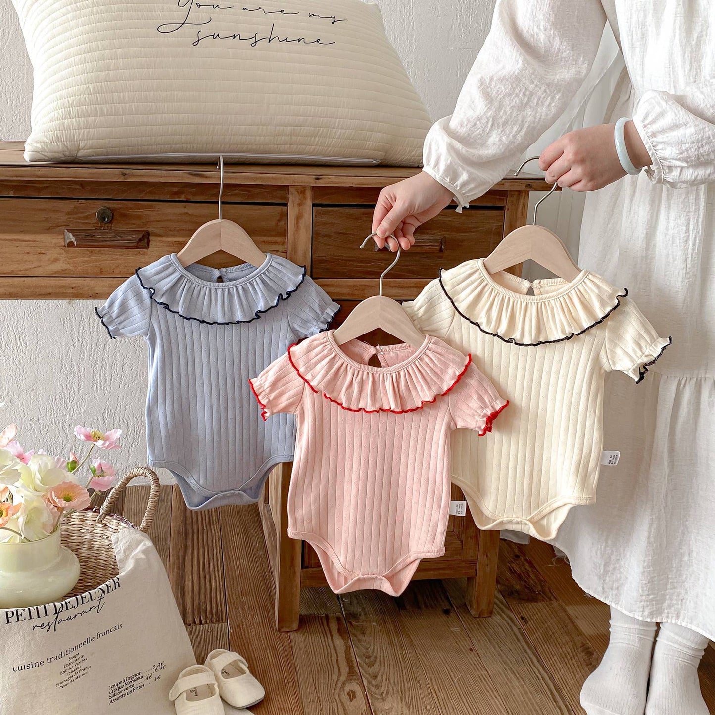 Baby Onesie Short Sleeve Ruffle Collar Ribbed Knit