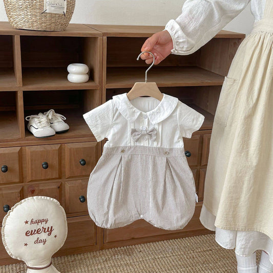 Baby Boy Romper Short Sleeve Peter Pan Collar Bow Tie