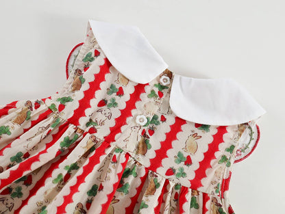 Cute Girls Summer Rabbit Strawberry Striped Big Collar Dress