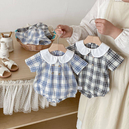 Baby Boy Plaid Short Sleeve Romper Set w Wide Collar Hat