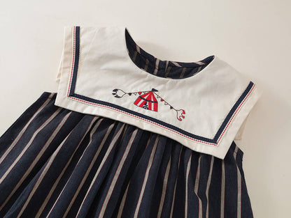 Girls Embroidered Peter Pan Collar Sleeveless Striped Dress