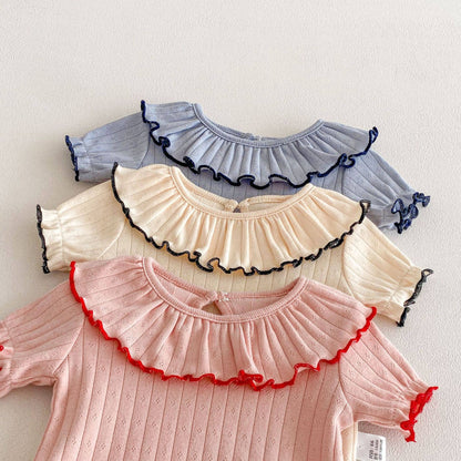 Baby Onesie Short Sleeve Ruffle Collar Ribbed Knit