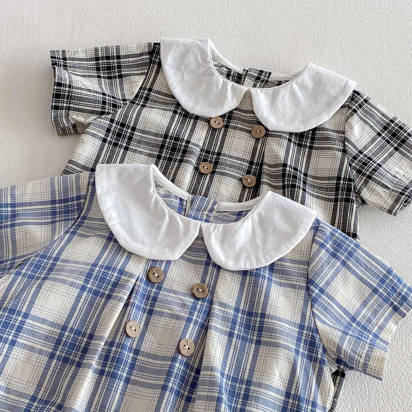 Baby Boy Plaid Short Sleeve Romper Set w Wide Collar Hat