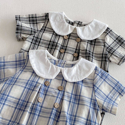 Baby Boy Plaid Short Sleeve Romper Set w Wide Collar Hat