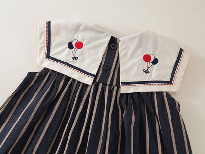 Girls Embroidered Peter Pan Collar Sleeveless Striped Dress